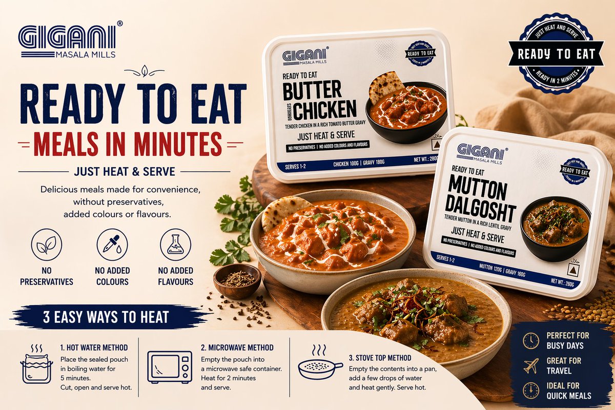 sufiyangigani's tweet photo. Ready to eat is now live on our website.

Launching with: Butter Chicken Mutton Dal Gosht

Just heat and serve. No preservatives, no added colours or flavours.

Made for busy days, travel, and those moments when you want proper food without the effort. https://t.co/AeWttbUVKw