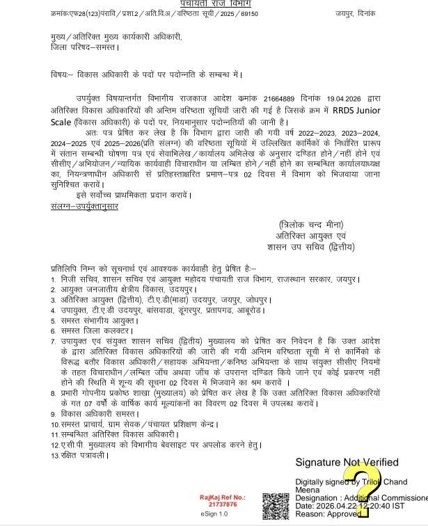 Jaipur: विकास अधिकारी के पदों पर पदोन्नति के सम्बन्ध में विभाग ने जिलों से मांगी सूचना ,

अतिरिक्त विकास अधिकारी से विकास अधिकारी के पदों पर होनी है विभागीय पदोन्नति 
अतिरिक्त आयुक्त एवं शासन उप सचिव द्वितीय ने जिलों को लिखा पत्र 
<a href="/RDPR_Rajasthan/">Rural Development & Panchayati Raj Dept, Rajasthan</a>