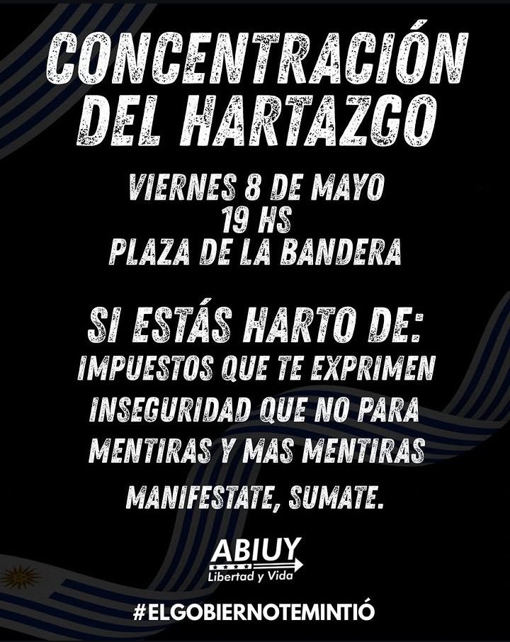 CONCENTRACION DEL HARTAZGO 🇺🇾
8 DE MAYO - 19:00 Hs.
PLAZA DE LA BANDERA
Hay que estar! Y vamos a ESTAR! 
#UruguayAhora