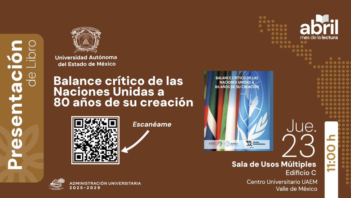 joelpena89's tweet image. 🌐 Mañana no se pierdan, a las 11:00 am (hora México) la presentación del libro 📕 “Balance crítico de las Naciones Unidas a 80 años de su creación” editado por la @amei_mx_oficial, @AmecipOficial y @Tirantmexico. 

Para acceder a #MicrosoftTeams solo deben escanear el código QR.