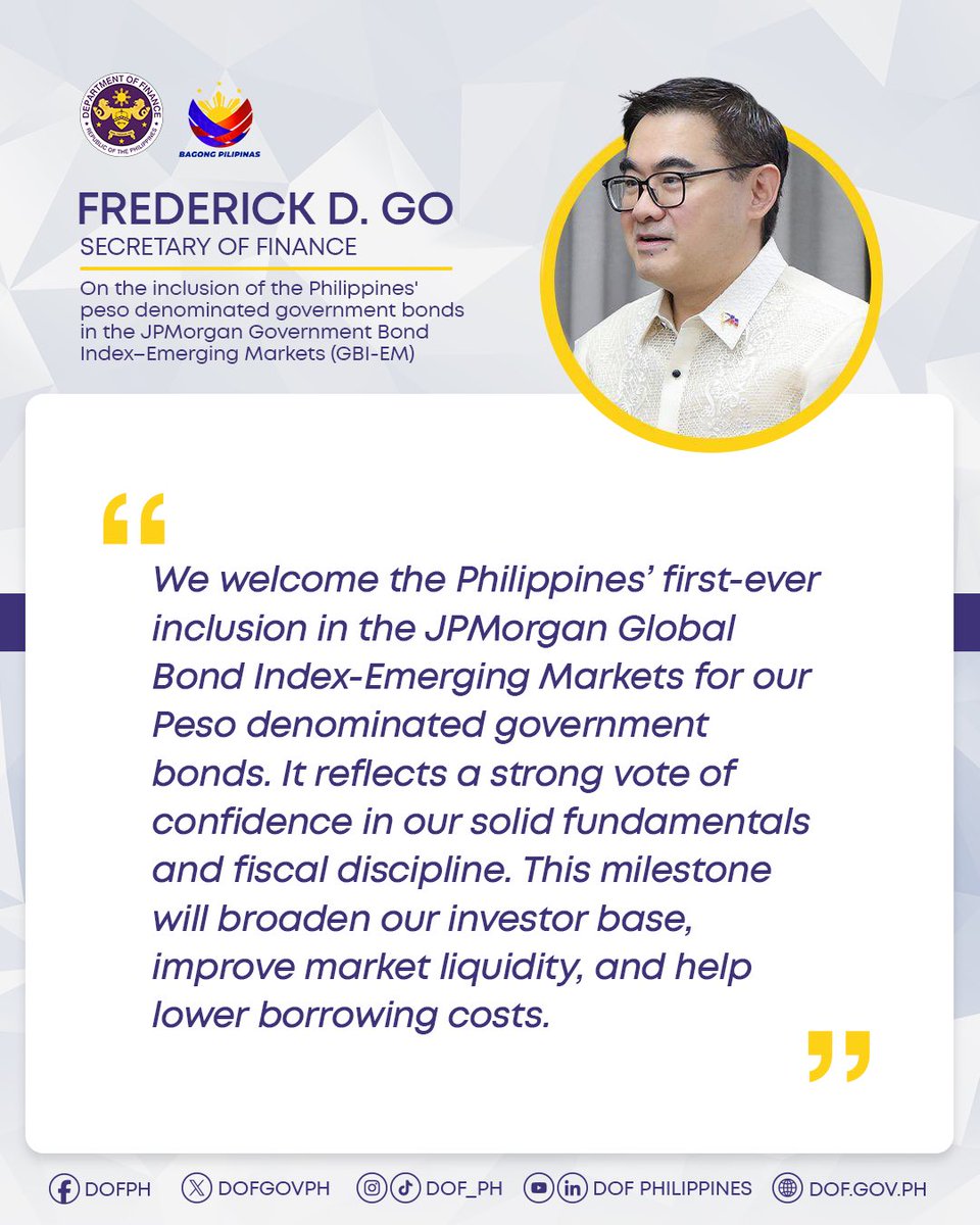 dofgovph's tweet photo. 𝗚𝗢𝗢𝗗 𝗡𝗘𝗪𝗦:𝗙𝗼𝗿 𝘁𝗵𝗲 𝗳𝗶𝗿𝘀𝘁 𝘁𝗶𝗺𝗲, 𝘁𝗵𝗲 𝗣𝗵𝗶𝗹𝗶𝗽𝗽𝗶𝗻𝗲𝘀' 𝗽𝗲𝘀𝗼-𝗱𝗲𝗻𝗼𝗺𝗶𝗻𝗮𝘁𝗲𝗱 𝗴𝗼𝘃𝗲𝗿𝗻𝗺𝗲𝗻𝘁 𝗯𝗼𝗻𝗱𝘀 𝗲𝗮𝗿𝗻 𝗮 𝗽𝗹𝗮𝗰𝗲 𝗶𝗻 𝘁𝗵𝗲 𝗝𝗣𝗠𝗼𝗿𝗴𝗮𝗻 𝗚𝗹𝗼𝗯𝗮𝗹 𝗕𝗼𝗻𝗱 𝗜𝗻𝗱𝗲𝘅-𝗘𝗺𝗲𝗿𝗴𝗶𝗻𝗴 𝗠𝗮𝗿𝗸𝗲𝘁𝘀(𝗚𝗕𝗜-𝗘𝗠)!🎉 https://t.co/hZqPAptjrl