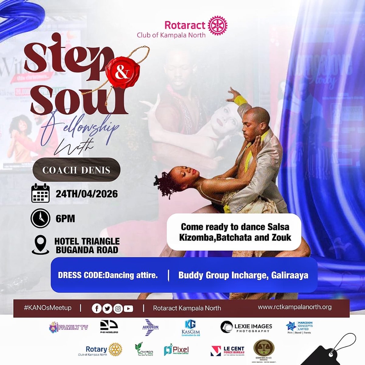 kanosug's tweet photo. Ready to move? 💃✨
Join us for the Step &amp; Soul Fellowship with Coach Denis!

📅 Tomorrow, 24th April
⏰ 6:00 PM
📍 Hotel Triangle, Buganda Road
💃 Salsa, Kizomba, Bachata &amp; Zouk
👗 Dancing Attire
🙌 Hosted by Buddy Group Galiraaya

See you on the floor! 🕺

#KANOsMeetup https://t.co/hMEpJgDIX1