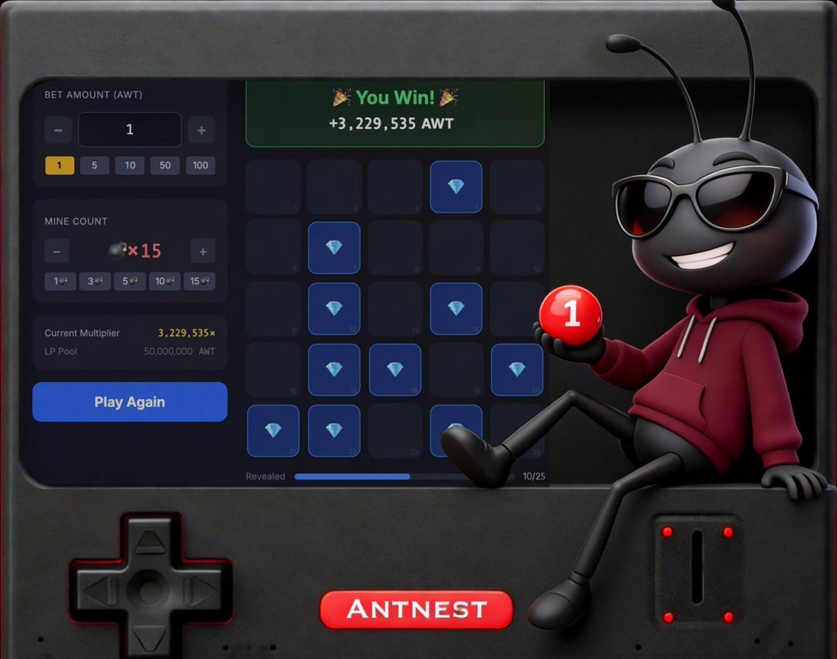 If $1 could become roughly $3,000,000…
But you had to click 10 Gems perfectly.
15 hidden mines.
One wrong click — everything gone.

Would you try? 👇

AntNest Mines, fully on-chain, provably fair, instant payouts.

#gamefi #lucky #blcokchain #crypto