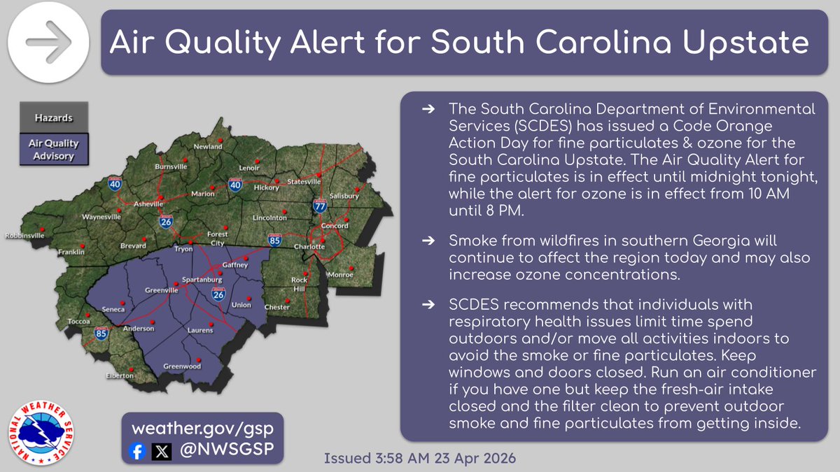 NWSGSP's tweet image. Southerly winds on the west side of high pressure centered just off the Southeast coast will continue to transport smoke from the southern Georgia wildfires into South Carolina today. #scwx