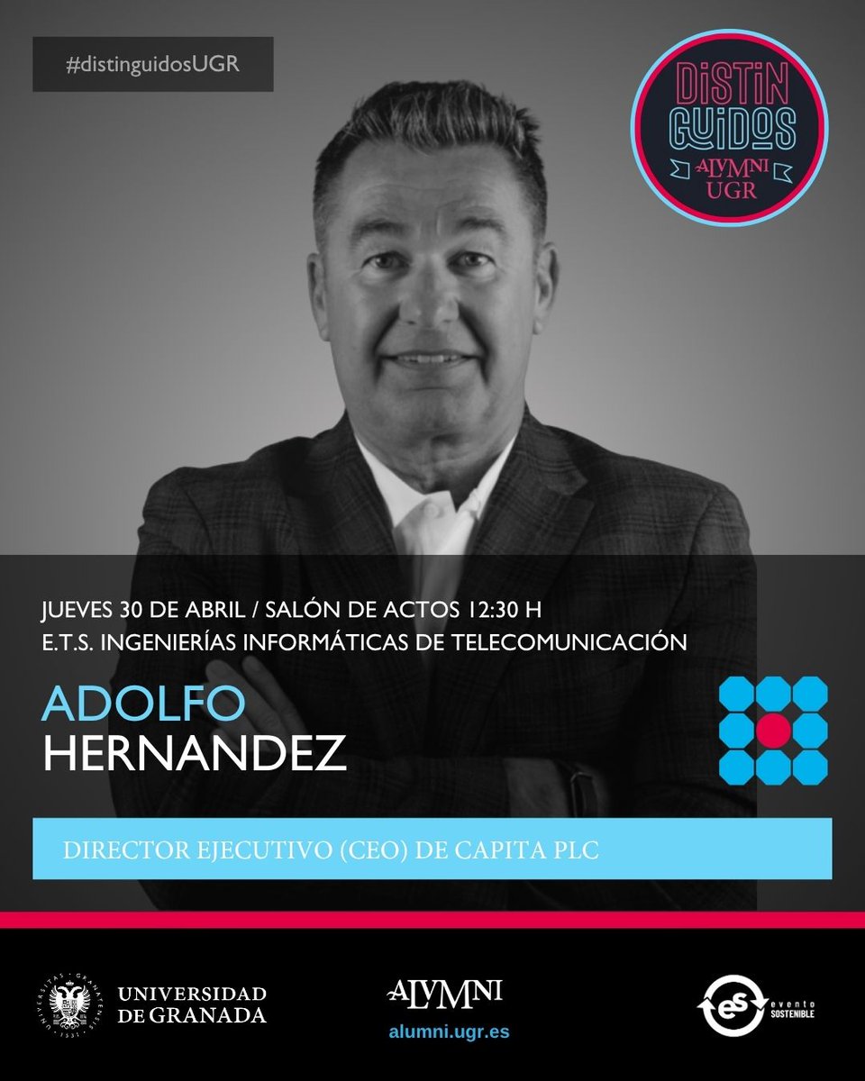 AlumniUgr's tweet image. 🗓️ Adolfo Hernández, CEO de @CapitaPlc , protagoniza el #DistinguidoAlumniUGR de abril 💻

De estudiante de Informática de la #UGR a "Tech CEO of the Year" en el Reino Unido, conquistando gigantes como @awscloud e @IBM 

📍 @ETSIIT_UGR 
📅 30 abril
🕚 12:30h

¡Anota en tu agenda!
