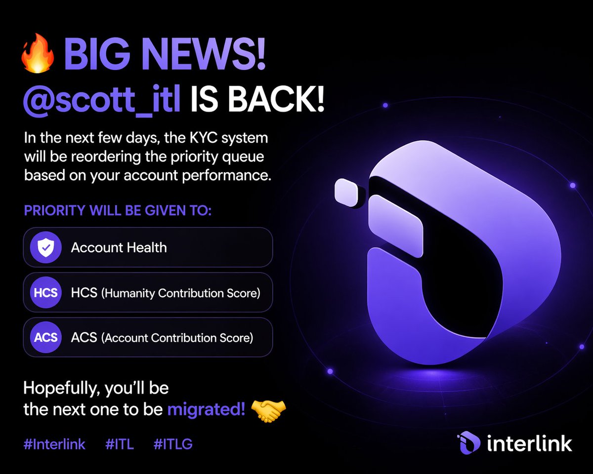 MdMaruf396299's tweet photo. 🔥 BIG UPDATE!

@scott_itl is back! 🚀

In the coming days, the KYC system will reorder the priority queue based on account performance.

Priority will be given to: 🔹 Account Health
🔹 HCS (Humanity Contribution Score)
🔹 ACS (Account Contribution Score)

The better your performance, the higher your chances of migration! 🤝

Hope you’ll be next in line! ✅

#Interlink #ITL #ITLG
