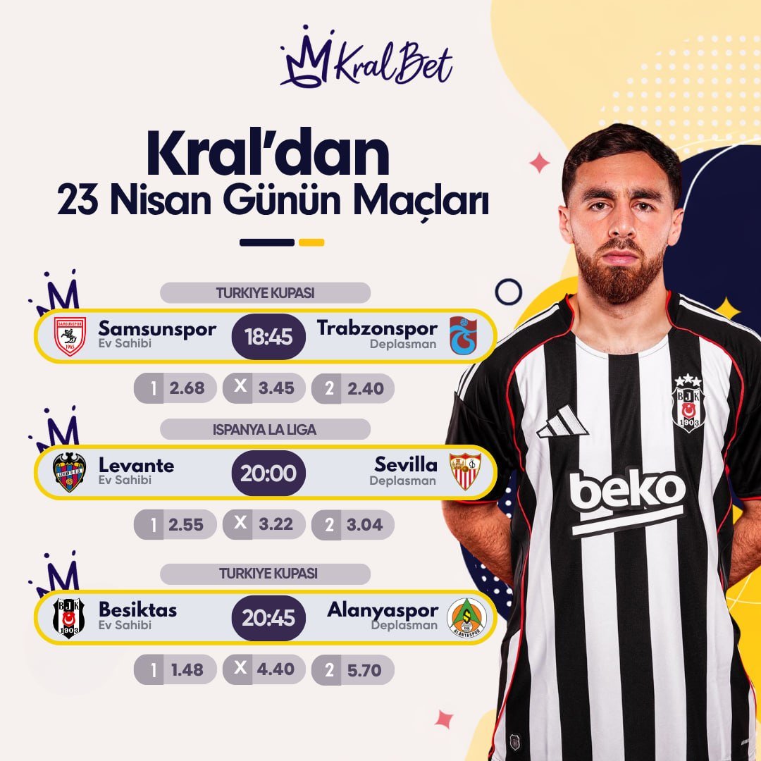 Kralbet_Turkey_'s tweet image. ⚽️ 18:45 | Samsunspor - Trabzonspor
⚽️ 20:00 | Levante - Sevilla
⚽️ 20:45 | Beşiktaş - Alanyaspor

🏆 Günün favori maçları, geniş bahis seçenekleri ve en kral oranlarla #KralBet’te! 👑

✅ En kral oranlarla krallar gibi kazan!

#SAMvTS #LevanteUDSevilla #BJKvALY