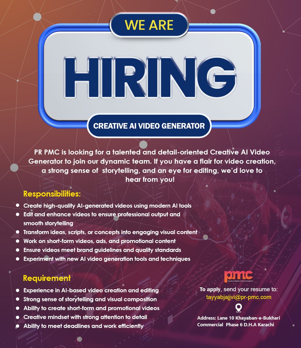 newspmc_pk's tweet image. PR PMC is looking for a talented and detail-oriented Creative AI Video Generator to join our dynamic team If you have a flair for video creation a strong sense of  storytelling, and an eye for editing, we’d love to hear from you

#NewsPMC #Hiring #AiVideoGenerator #jobopportunity