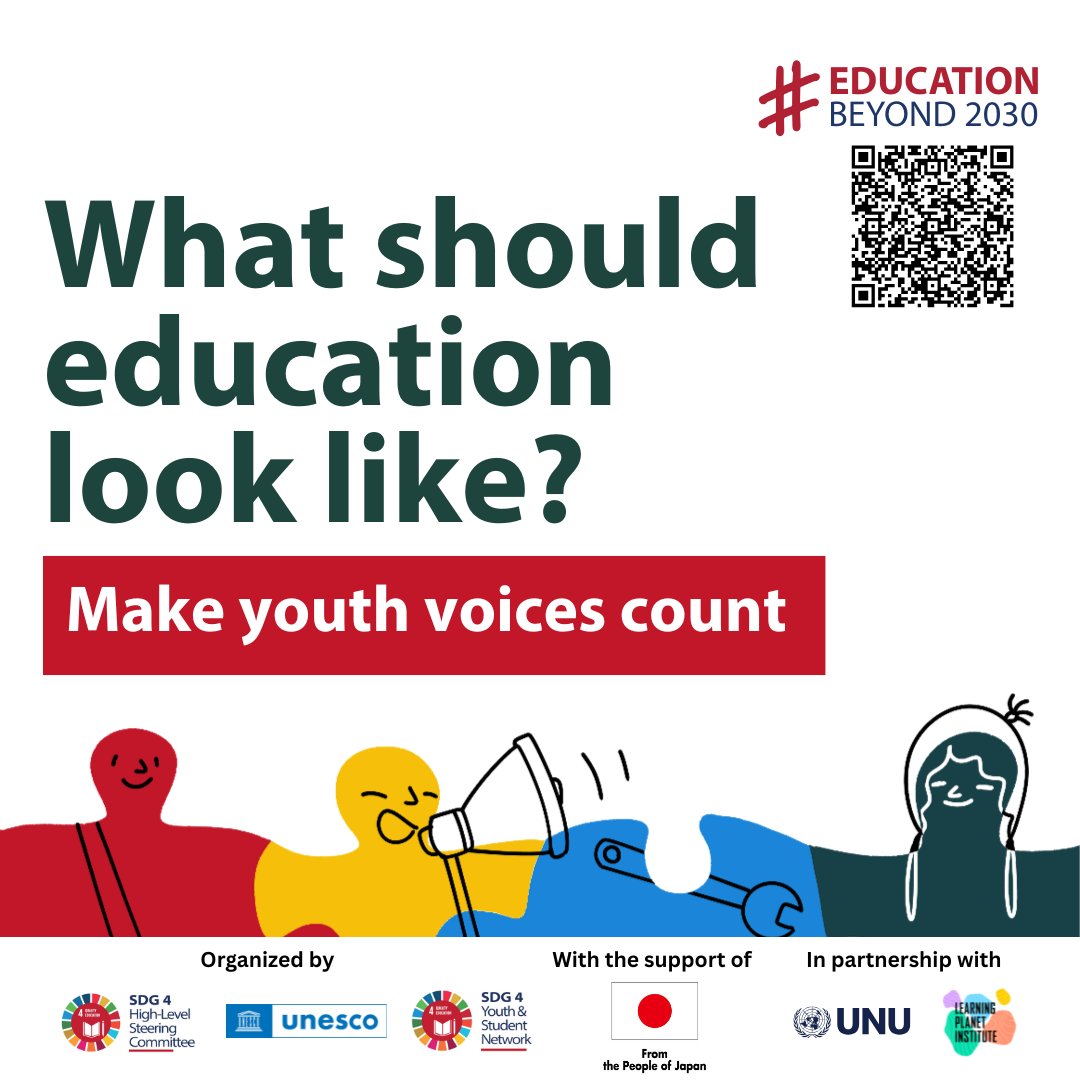 DecentJobsYouth's tweet photo. What should education look like?
@UNESCO just launched global youth and student consultations to co-design the Post-2030 Education Agenda.

Join the movement!
• Students & youth: Take the survey 👉 https://t.co/RF3Aj8cZQd 
• Teachers & educators, partners and education actors: Learn more 👉 https://t.co/FR1wg6HBHU

#ByYouth #EducationBeyond2030 @Education2030UN