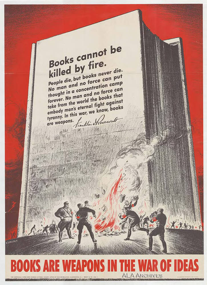 LRonLacy's tweet image. ‘Books Are Weapons in the War of Ideas’
Poster by ‘Broder’. Ca. 1942.
#FDR #WW2 #bookburning #banningbooks #burningbooks