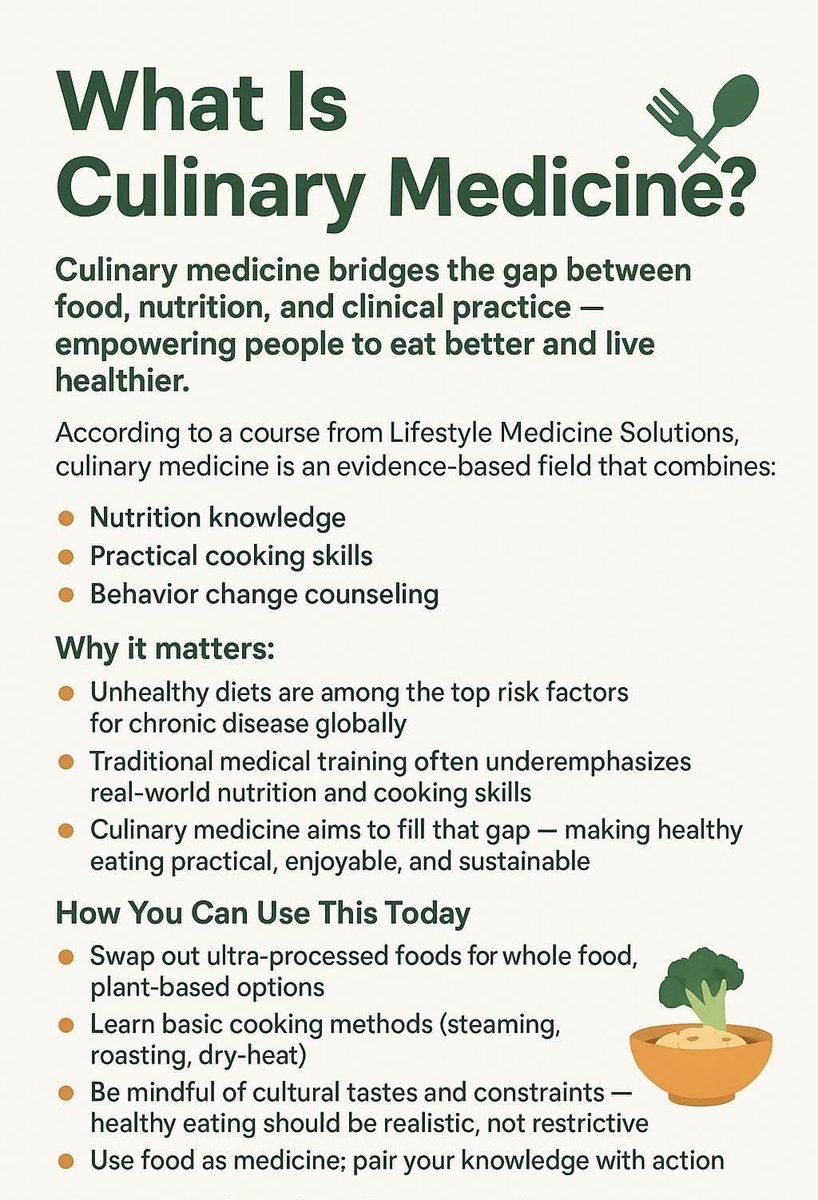 LifeMedPlus_com's tweet photo. 🌱 What Is Culinary Medicine? 🍽️🌱 What Is Culinary Medicine? 🍽️

Did you know that culinary medicine bridges the gap between food, nutrition, and clinical practice — empowering people to eat better and live healthier? 

#CulinaryMedicine 🍎 #LifestyleMedicine 🌿 #FoodAsMedicine https://t.co/kcMwuNVUjs