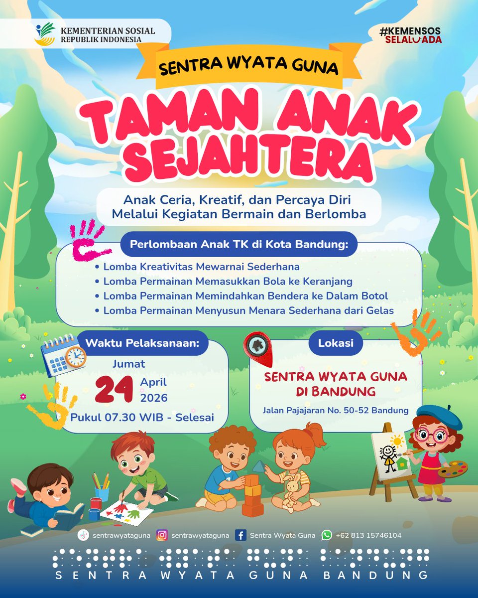 SentraWyataGuna's tweet photo. Yuk hadir dan ramaikan keceriaan anak-anak dalam acara Taman Anak Sejahtera (TAS) 2026 di Sentra Wyata Guna Bandung sebagai wadah bermain sambil belajar yang penuh warna, tawa, dan kreativitas. https://t.co/S5PExZyU2H