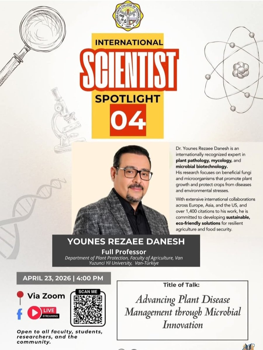 yyuarge's tweet photo. Van YYÜ Ziraat Fakültesi öğretim üyemiz Prof. Dr. Younes Rezaee Danesh, "International Scientist Spotlight" etkinliğinde bizleri temsil ediyor! 🌍
​🌱 Konu: Bitki Hastalıklarıyla Mücadelede Mikrobiyal Yenilikler
🗓 Tarih: Bugün (23 Nisan 2026)
🕙 Saat: 11:00

​#VanYYÜ #Bilim https://t.co/Ywhpb3dfld