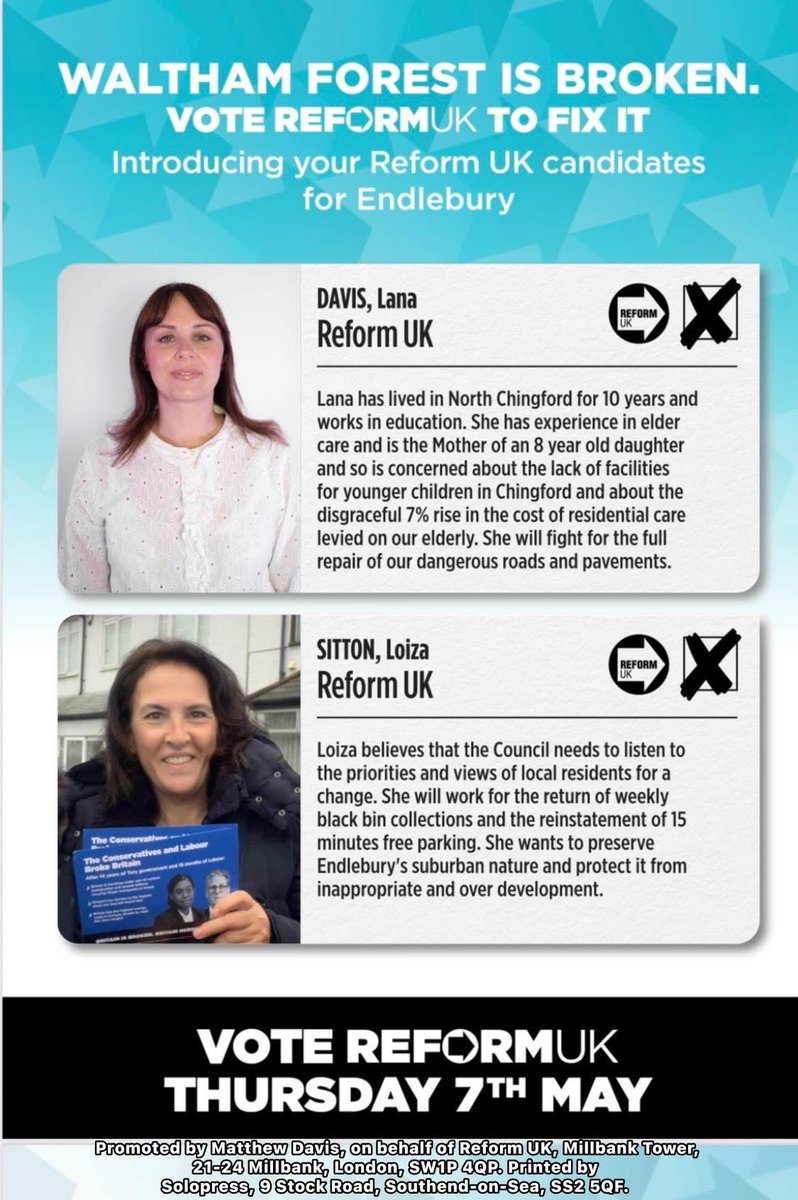 WFReform's tweet image. Introducing your Reform UK candidates for Endlebury Ward, London. 

Waltham Forest is broken, vote Reform Uk on Thursday 7th May to fix it.

@policylaila @reformparty_uk @Loizasitton64