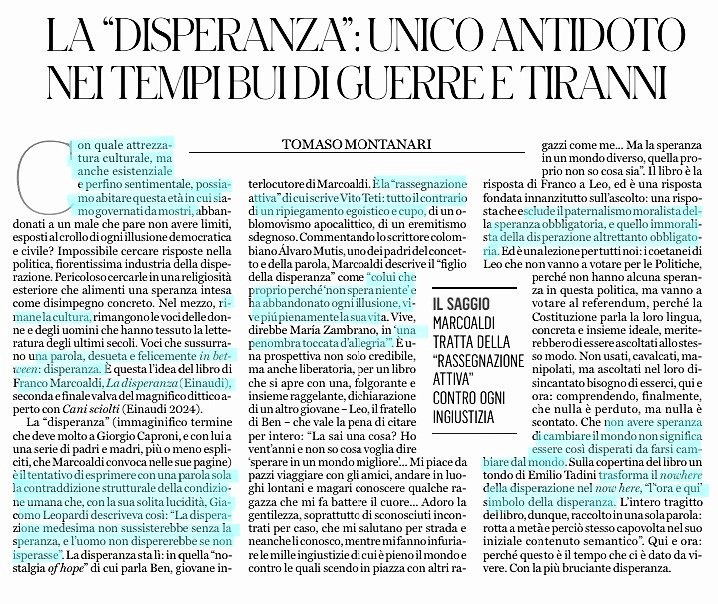 Sidi_Bou's tweet photo. La "disperanza": unico antidoto nei tempi bui di guerre e tiranni"
🗞 Tomaso #Montanari, #IlFattoQuotidiano #23aprile
#Marcoaldi #LaDisperanza #libri #cultura https://t.co/vXSGUOnKZS