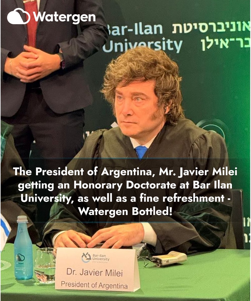 Watergen_Inc's tweet photo. Honored to refresh President Milei at his honorary doctorate ceremony in Israel.
@JMilei #watertech #AWG #WaterReimagined #PlasticFree #barilanuniversity https://t.co/U08rzlqwmk