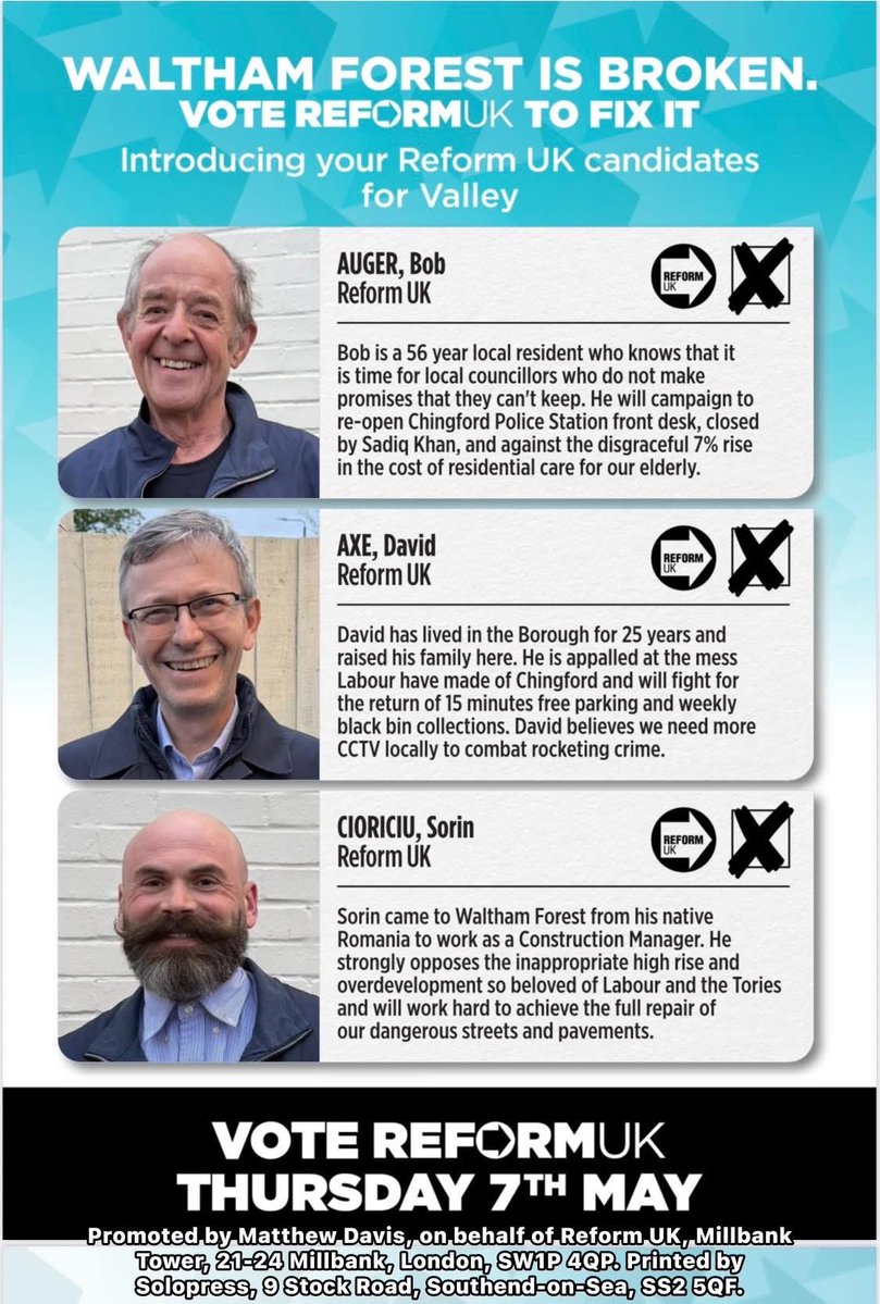 WFReform's tweet image. Introducing your Reform UK candidates for Valley Ward, London. 

Waltham Forest is broken, vote Reform Uk on Thursday 7th May to fix it.

@policylaila @reformparty_uk