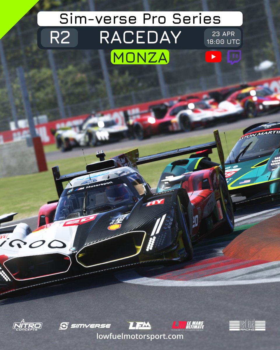 Don't miss round 2 of the <a href="/SimVerseShop/">SimVerse</a> Pro Series at Monza. Jump into the stream at 18:00 UTC!
lowfuelmotorsport.com

YouTube : youtube.com/LowFuelMotorsp…
Twitch: EN twitch.tv/lowfuelmotorsp…
ESP twitch.tv/TopRacingLive

#lowfuelmotorsport #LFM #lemansultimate #LMU #simracing