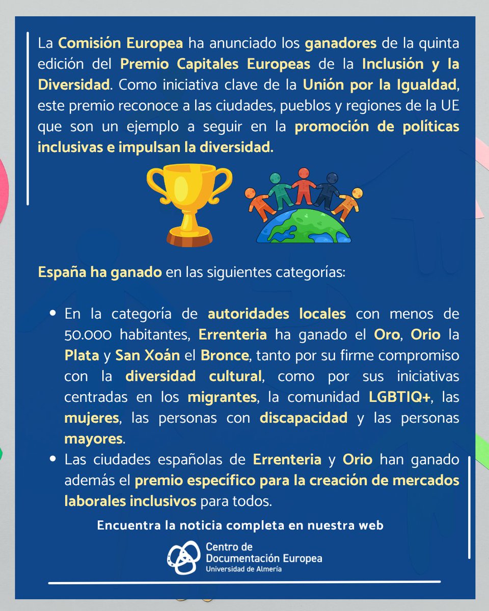 cdeualmeria's tweet image. La Comisión anuncia los ganadores del Premio Capitales Europeas de la Inclusión y la Diversidad 2026. 🇪🇺🏆

🔗urls.fr/JAAUFP

#noticias #actualidad #unióneuropea #europa #premios #inclusión #españa
