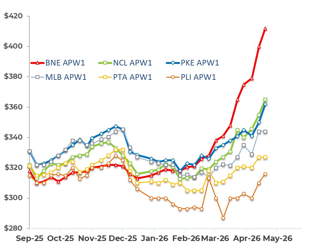 MarketCheck1's tweet image. While #barley is ripping higher in NSW/QLD, #wheat is not being left behind. Plenty of stock is now trading at &amp;gt;$400/t port equivalent in the north, with SFW1 delivered Darling Downs at $440-445.

Will we see imports from WA/SA in the next couple of months...?