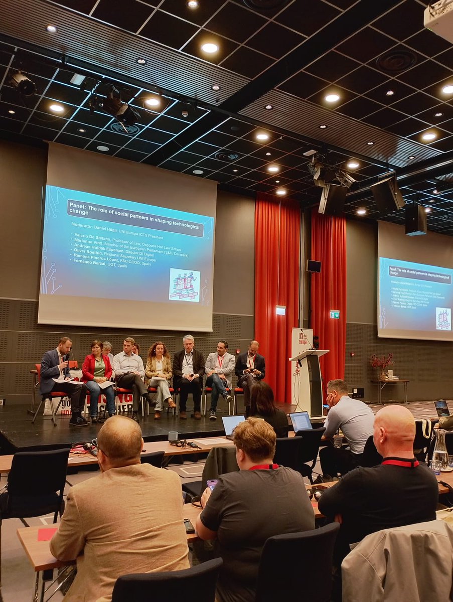 UNI_Europa's tweet photo. Prof. @valeriodeste has started the final day of our ICTS Conference with a keynote on how social partners can shape technological change, with @MarianneVind, Andreas Holbak Espersen, @ORoethig, Ramona Lopez @FSCdeCCOO &amp; Fernando Berzal @FesmcugtInter bringing in their views. https://t.co/HyccJ4bHyU