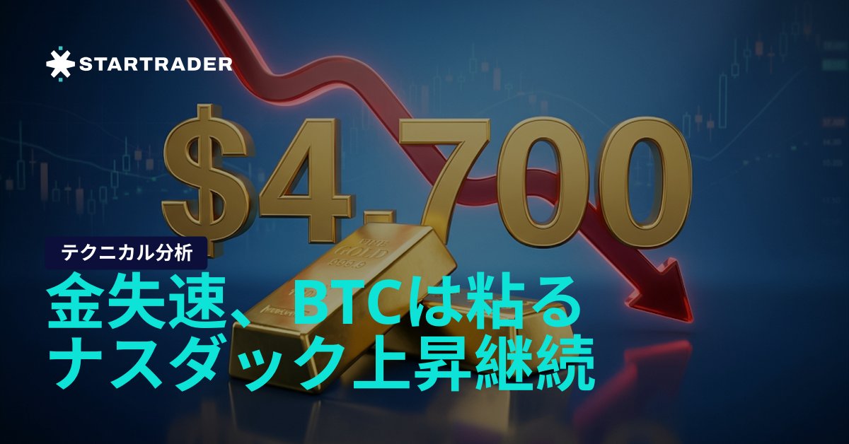 STARTRADER_jp's tweet photo. 【 #STARTRADER テクニカル分析｜2026/4/23】

📉 金はドル高を背景に弱含み。
4,700ドル割れ、短期は戻り売り優勢の展開。

₿ ビットコインは高値圏で持ち合い。
上昇トレンドは維持も、やや一服感。

📊 ナスダック100は上昇基調継続。
押し目買い優勢で、高値更新を意識した動き。

詳しくはこちら👇
https://t.co/iURhz2KQBA

⚠️ 本コンテンツは情報提供のみを目的としています。投資助言ではありません。

#STARTRADER #テクニカル分析 #金 #ビットコイン #ナスダック