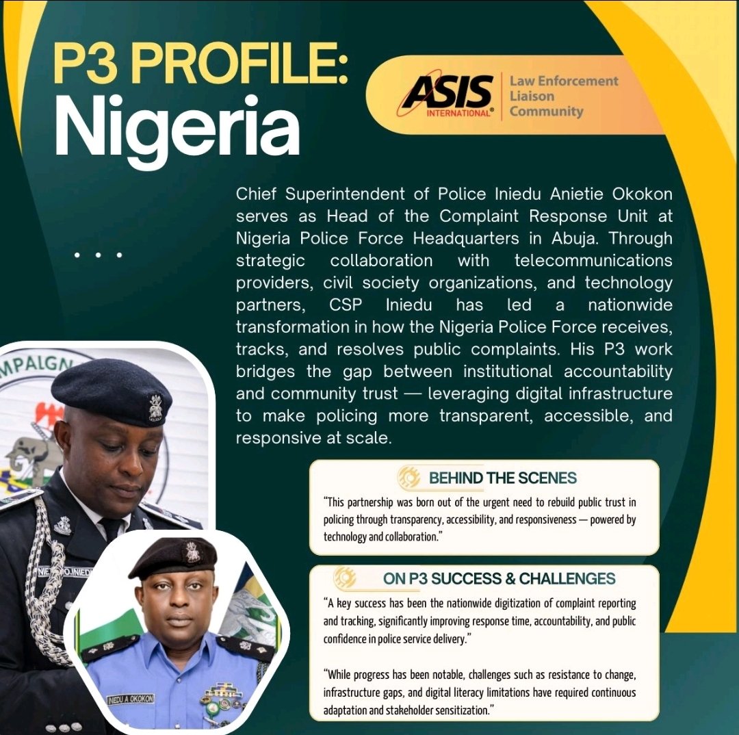 🚨 BREAKING 🚨 
<a href="/ASIS_Intl/">ASIS International</a>  recognises and celebrates <a href="/CspIniedu/">HEAD, COMPLAINT RESPONSE UNIT</a>, HEAD <a href="/PoliceNG_CRU/">POLICE COMPLAINT</a> as the 2026 P3 HERO for his outstanding efforts in building public trust in policing in #Nigeria which has become a global challenge. <a href="/TunjiDisu1/">TUNJI DISU</a>
<a href="/PoliceNG/">Nigeria Police Force</a>
linkedin.com/posts/asis-int…