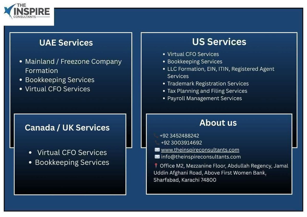 theinspireCons's tweet image. The Inspire Consultants are engaged in providing online financial and business consultancy services.

#bookkeeping #onlinebookkeeping #llcformation #USALLC #financialservices #businessconsultancy #audit #tax #virtualcfo #onlinecfo #SSN #usatrademark
