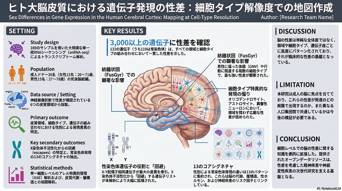 thmonk_pf's tweet photo. 成人ヒト大脳皮質6領域/19細胞型/約120万核のsnRNA-seq解析により3382の性偏向遺伝子と13の常染色体発現signatureを同定
gliaが最大の効果量を示し紡錘状回が転写的hot spot
76遺伝子以上の新規X染色体不活性化逃避候補を発見
#sex_difference
#transcriptome
#papers
https://t.co/yS49IeIeAD https://t.co/AncVT4BpBf