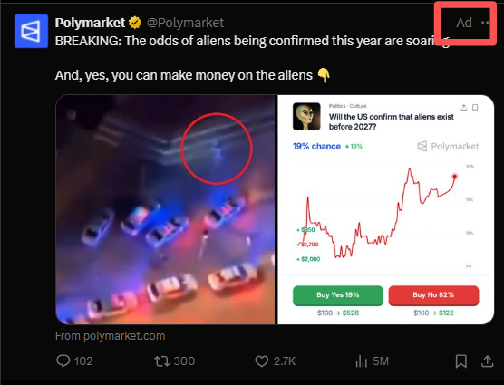 Polymarket在X上投广告，对于数据的需求不言而喻。

1）背后的动机是啥？是融资、上市，但绝不是发币

2）在去年，那个“增长负责人”就PUA随时可以发币

3）川普上任的时候，很多人都觉得要发币了

PM是成立于2020年两轮牛市的项目，美国市场折戟，新板块还在加

那些觉得马上要发币的人，到底在想啥