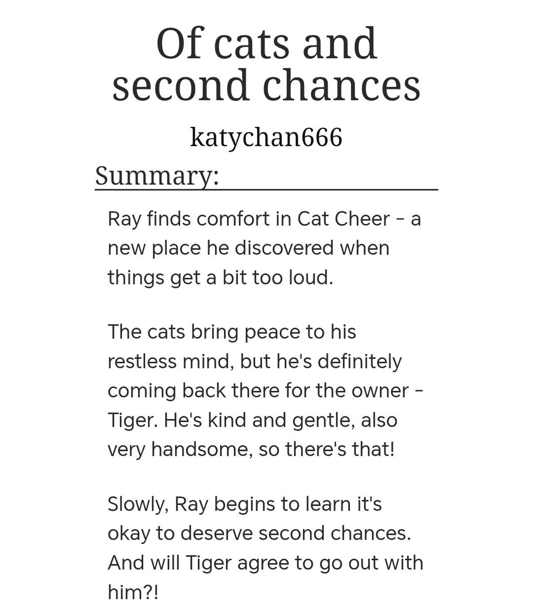 writing_khaos's tweet photo. Of cats and second chances
(#TigerRay oneshot)
Ray stumbles into Cat Cheer, where he finds comfort, cute cats and a handsome owner that goes by the name Tiger.
Here ❤️❤️ :
https://t.co/s6pyzWaBY8 https://t.co/zqS3SOOIRj