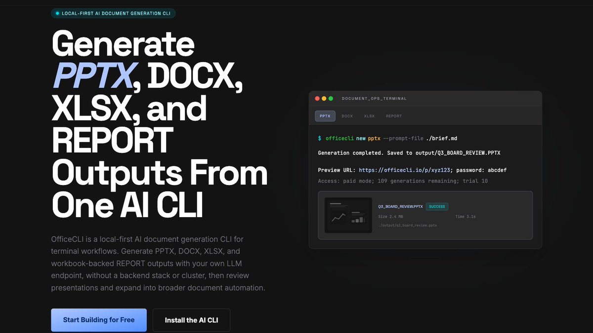 officecli's tweet photo. Stop standing up a backend stack just to generate docs with AI.

OfficeCLI is a local-first CLI for PPTX, DOCX, XLSX, and workbook-backed reports using your own LLM endpoint.

No queue. No cluster. Just your terminal.

https://t.co/6xf7Bvs9rl https://t.co/GLGFuf0SEH
