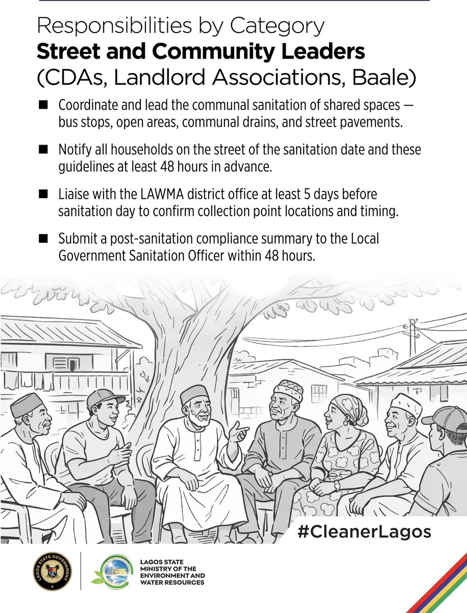As we prepare for the Monthly Environmental Sanitation Exercise scheduled to hold every last Saturday of the month from 6:30 am to 8:30 am, beginning Saturday, April 25th, 2026, it is important that all residents understand their specific responsibilities. A cleaner Lagos is a