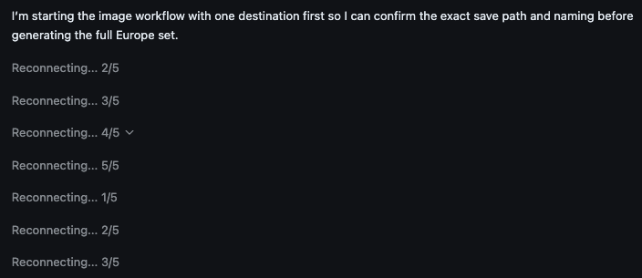 Codex reconnection loop screenshot showing repeated Reconnecting messages cycling through attempts