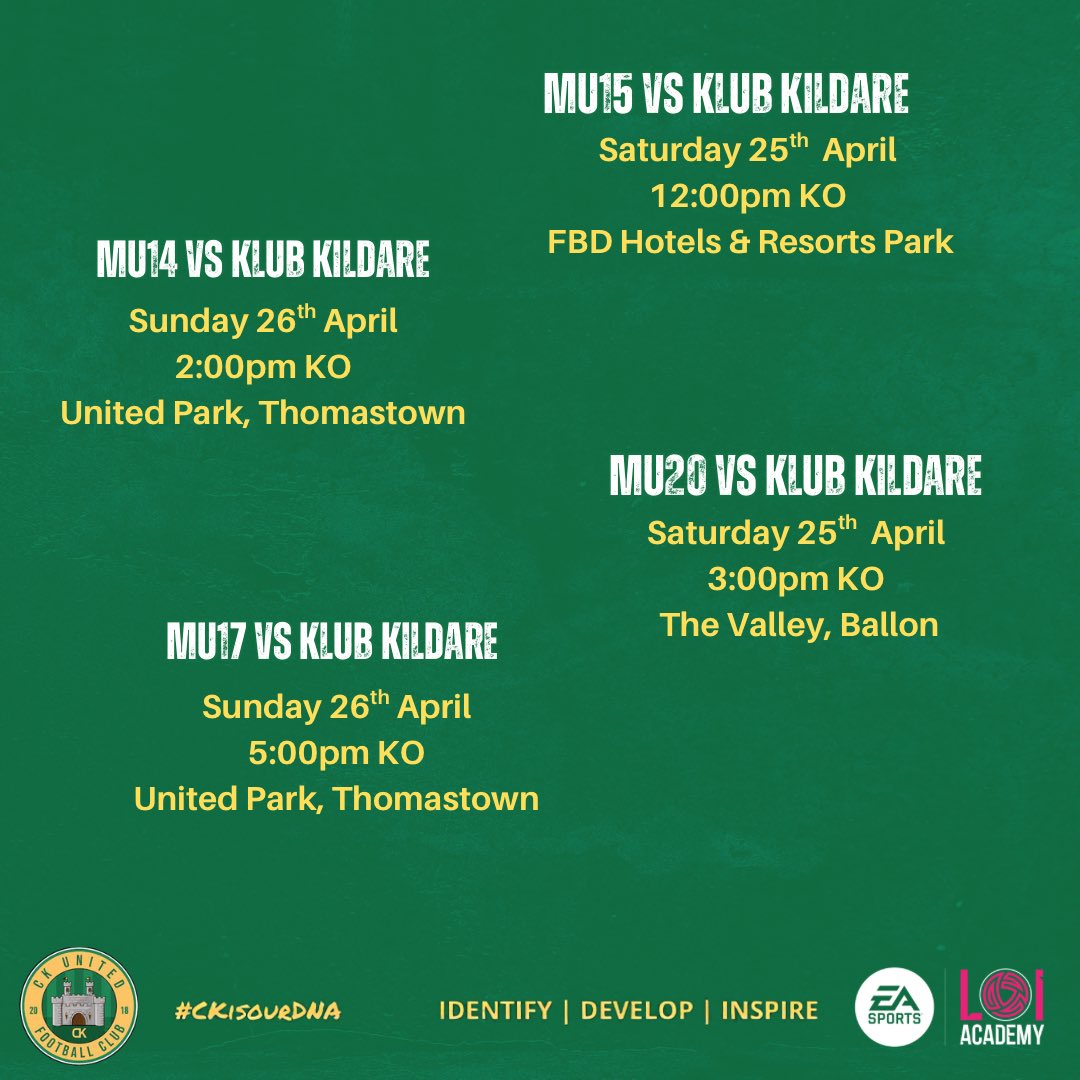ckutdfc's tweet photo. Weekend Fixtures 👀

All our boys academy teams facing Klub Kildare this weekend, with our MU14 &amp; MU17 facing off VS Kildare in Thomastown for a Double Header 😁

#IdentifyDevelopInspire | #CKisourDNA | #loiacademy https://t.co/mGTrIfbzbW
