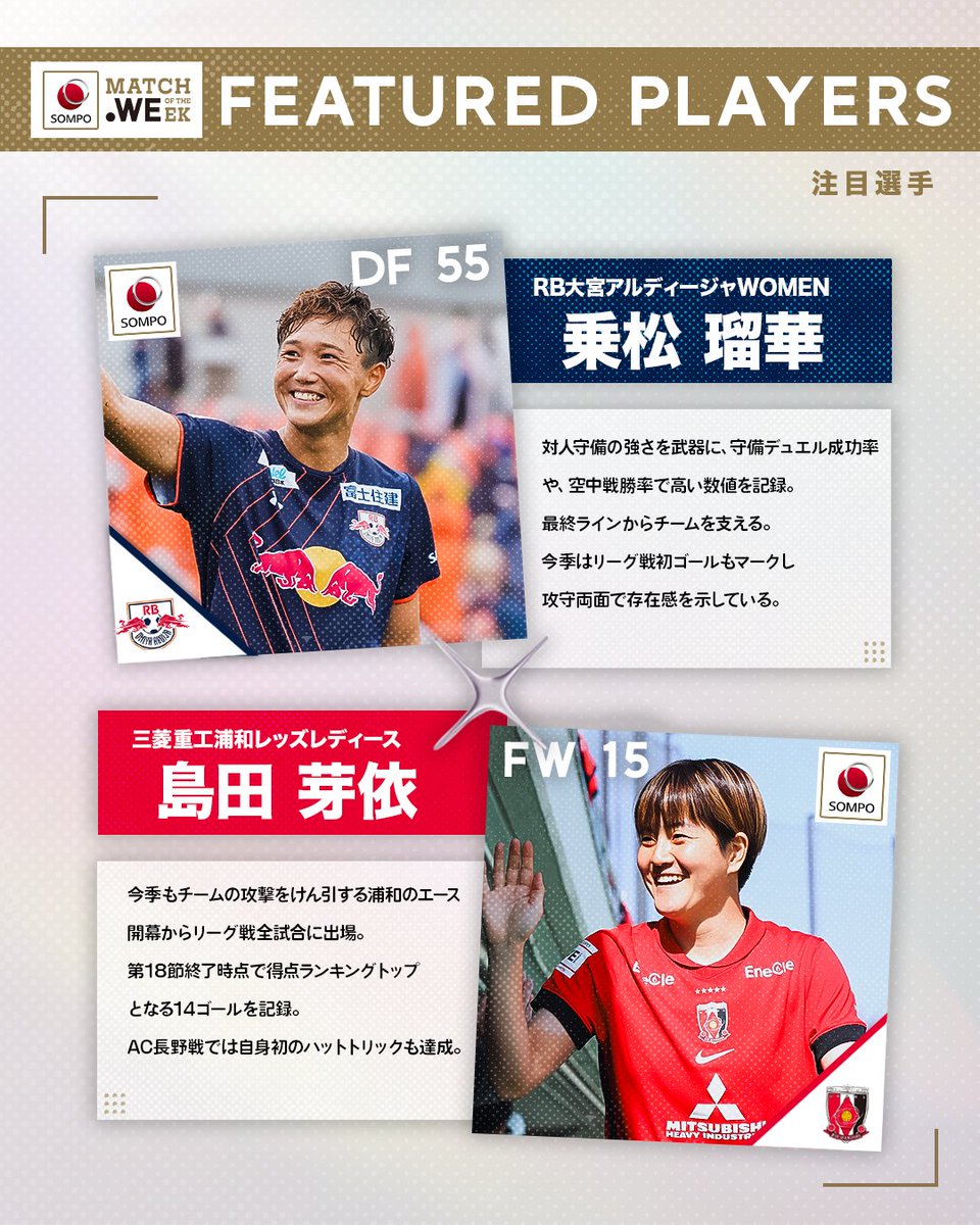 WE_League_JP's tweet photo. 𝗠𝗔𝗧𝗖𝗛 𝗢𝗙 𝗧𝗛𝗘 𝗪𝗘𝗘𝗞 𝗽𝗼𝘄𝗲𝗿𝗲𝗱 𝗯𝘆 𝗦𝗢𝗠𝗣𝗢
今節の注��選手をチェック✅️

RB大宮アルディージャWOMEN🪽
乗松瑠華
三菱重工浦和レッズレディース♦️
島田芽依

🏆 2025/26 #SOMPOWEリーグ 第19節
📅 4月26日(日)
🕐️13:00 KO
🆚 #RB大宮アルディージャWOMEN vs #三菱重工浦和レッズレディース
🏟 NACK5スタジアム大宮
📱 DAZNフリーミアムで無料ライブ配信

#WEみようぜ #女子サッカー