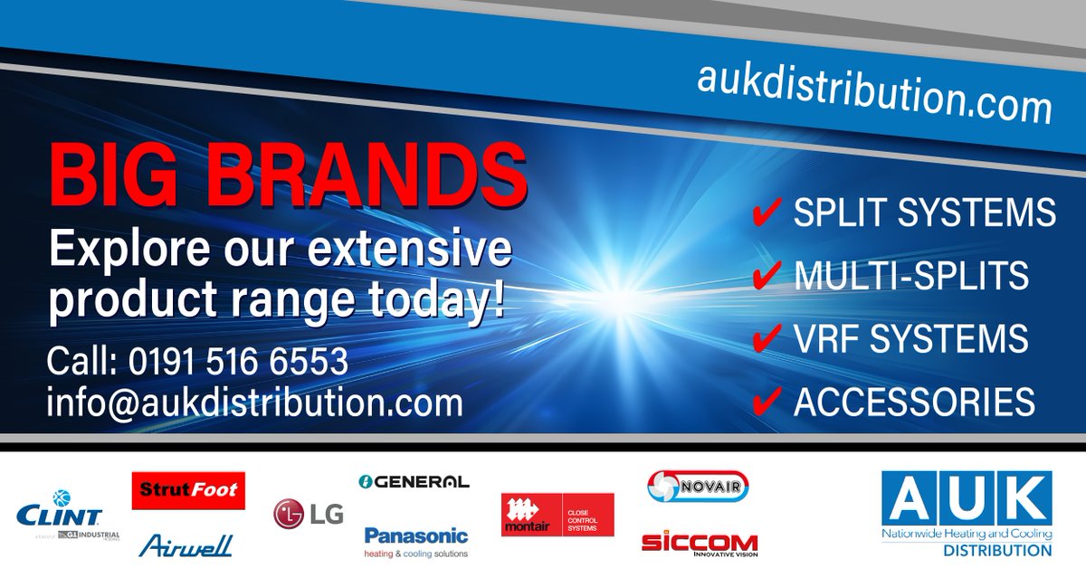 AUKDistribution's tweet photo. We can provide valuable pre-sales technical guidance on our wide range of HVAC products from leading brands such as CLINT, Montair, Airwell, Panasonic, LG, Novair and General (formerly Fujitsu Air Conditioning).
@AUKDistribution 0191 516 6553 or email: info@aukdistribution.com https://t.co/u0GMZfcJoX
