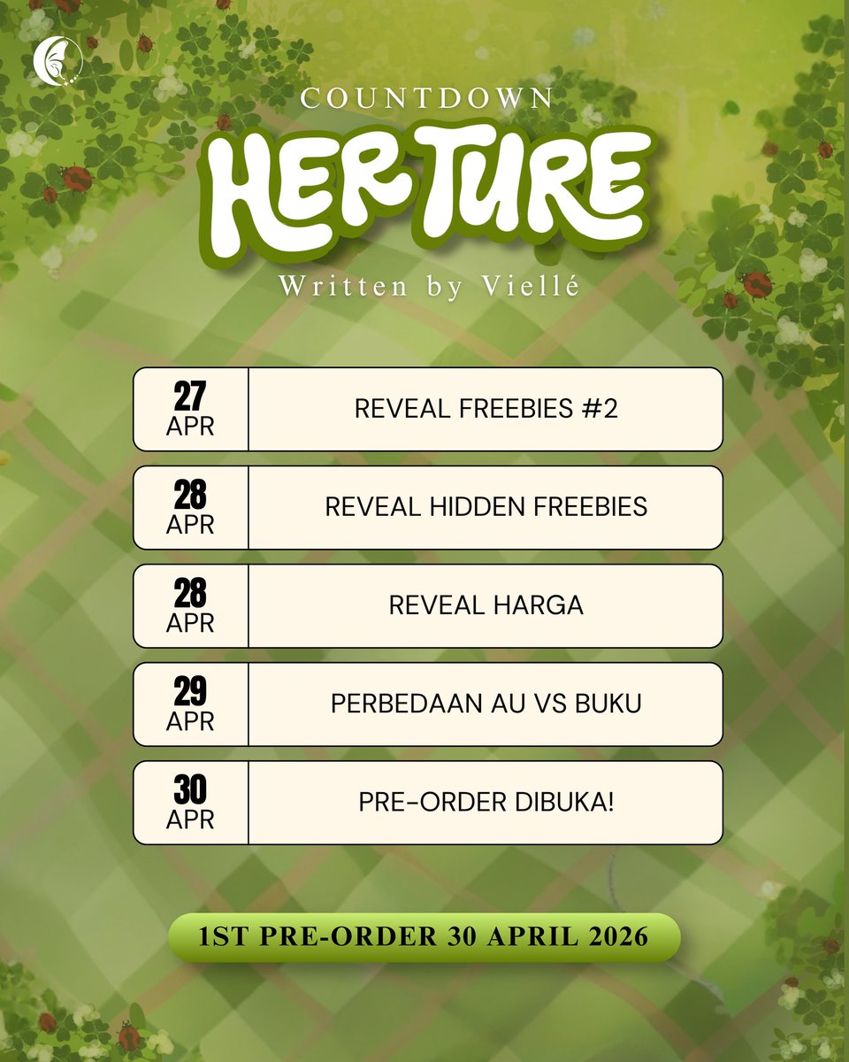 ChokoPublisher's tweet photo. [ 📌 COUNTDOWN ALERT • HERTURE BY @nodisturbyou ]

Hitung mundur HERTURE resmi dimulai! Siap-siap ikutin setiap reveal mulai dari cover, spoiler, sampai freebies seru menuju hari pre-order 30 April 2026. Jangan sampai ketinggalan ya ini baru awal 💚 https://t.co/WzrZ04fqox