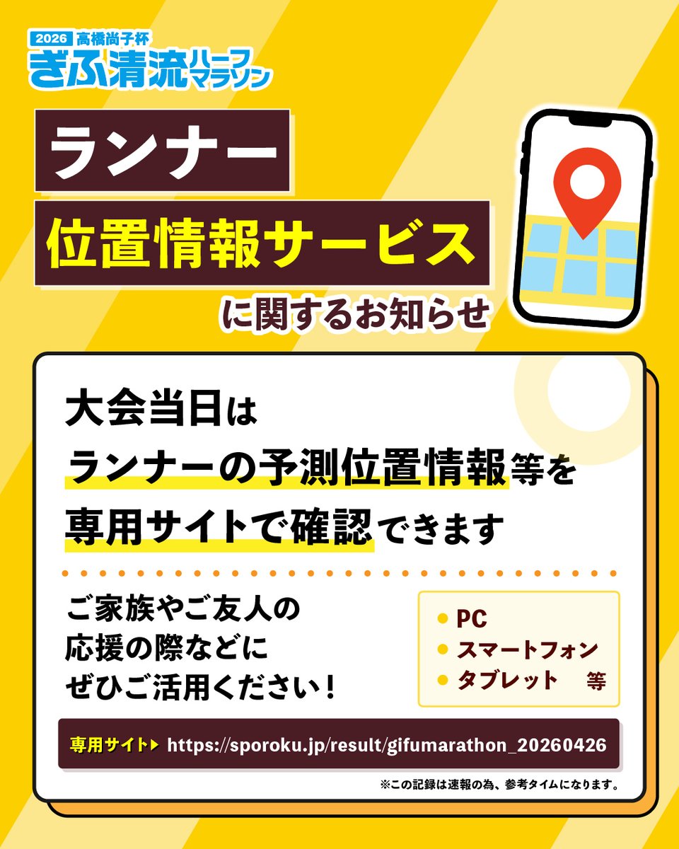 gifuseiryu2011's tweet image. 🟥ランナー位置情報サービスに関するお知らせ

大会当日は
#PC #スマートフォン #タブレット 等で
ランナーの予測位置情報等を
地図上で確認することができます🏃💨

ランナー位置情報サービスsporoku.jp/result/gifumar…

ご家族やご友人の応援の際などにぜひご活用ください！
#ぎふ清流ハーフマラソン