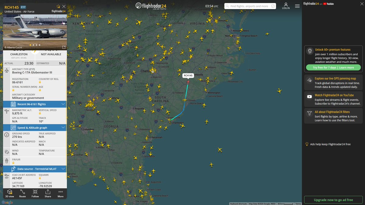 AIYeyENGDdJkjTr's tweet image. Apr. 23, 2026
#Joint Base Charleston #Fort Bragg, North Carolina ==&amp;gt; #Portsmouth ANGB 

#RCH145 #AE145F USAF C-17A Globemaster III