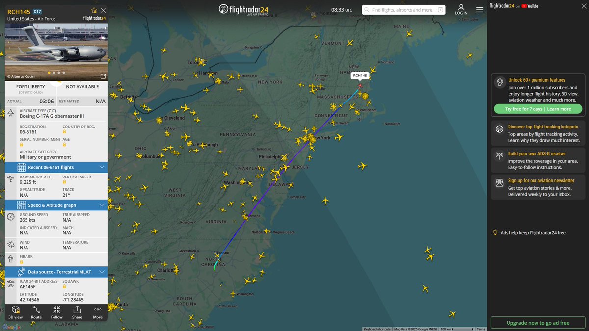 AIYeyENGDdJkjTr's tweet image. Apr. 23, 2026
#Joint Base Charleston #Fort Bragg, North Carolina ==&amp;gt; #Portsmouth ANGB 

#RCH145 #AE145F USAF C-17A Globemaster III