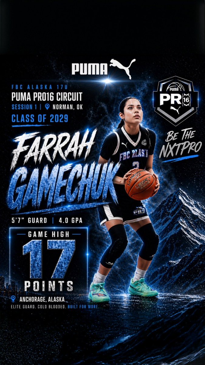 farrahgamechuk's tweet photo. From the 907 to the grassroots stage. ❄️🏀
Puma Pro16 Girls Session 1 | Norman, OK 📍
Game high: 17 points. 📈
Built for pressure. Built for more.
Be The NXTPRO.
#FBCAlaska17U #BeTheNXTPRO #FarrahGamechuk #ClassOf2029 #PumaPro16Girls https://t.co/lfJTEeOaxA