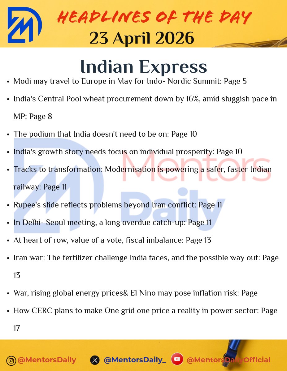 MentorsDaily_'s tweet image. Today’s Must-Read Topics from The Indian Express - 23/04/2026  
#upscresults #UPSCPreparation #CurrentAffairs #TheIndianExpress #DailyCurrentAffairs #UPSCAspirants #IASPreparation #StudySmart #MentorsDaily #ExamPrep