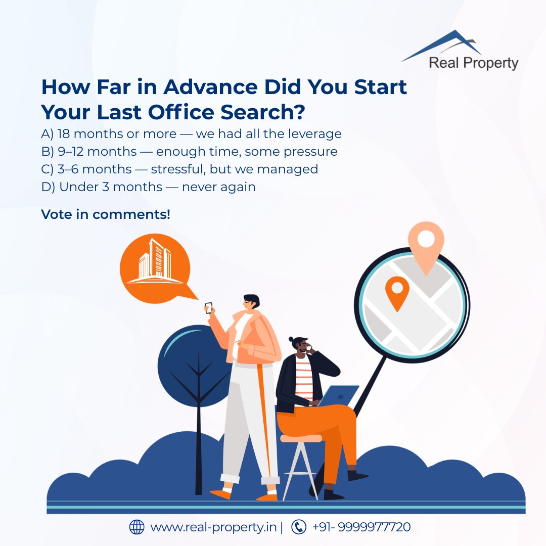 real_property12's tweet image. We ask every client this: how much time did you plan for your office move?

The best outcomes usually start 12–18 months early. The worst? Rushed timelines.

What about you? Vote below—and share your story.

📞 +91-9999977720 | 🌐 real-property.in
#OfficePoll