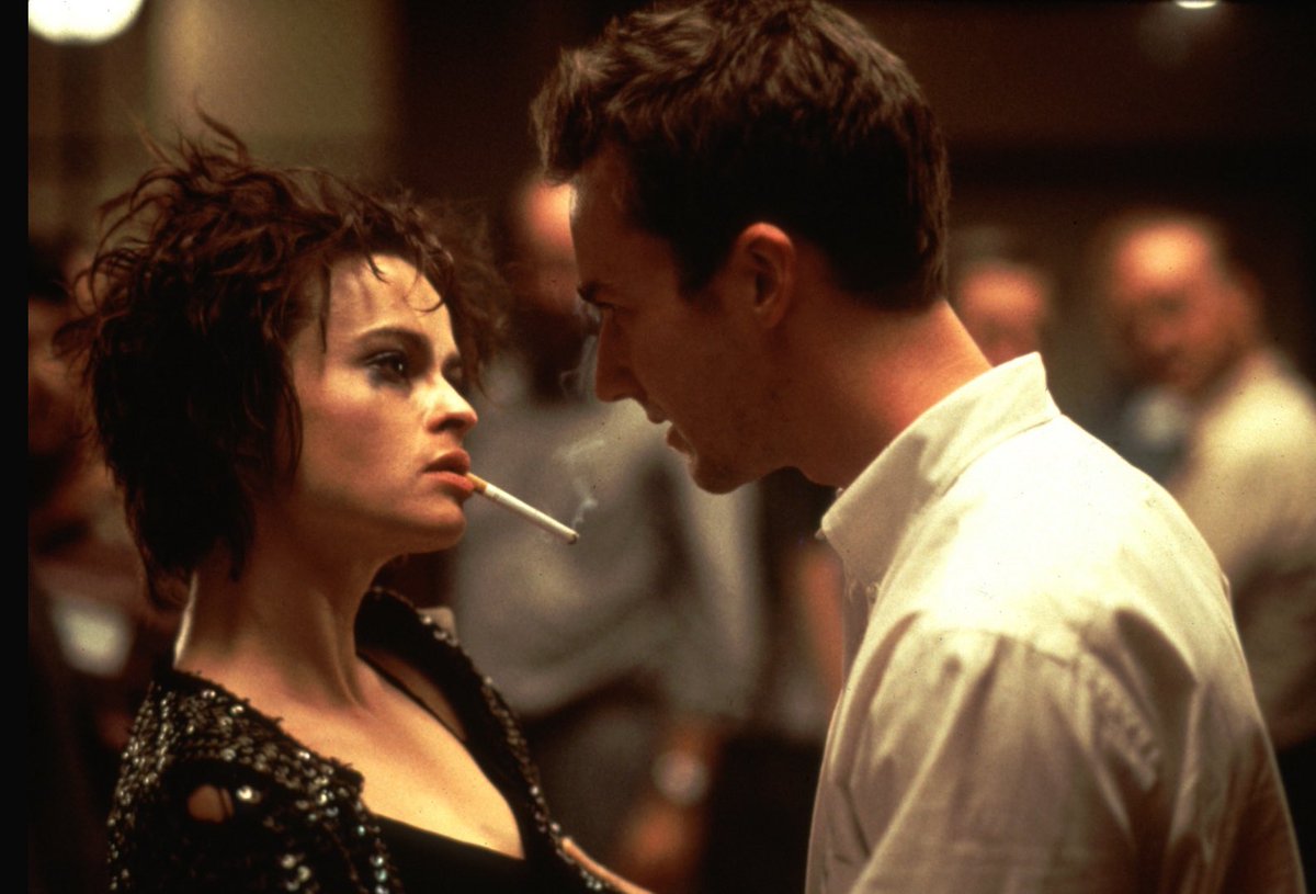 Lulamaybelle's tweet image. David Fincher’s #FightClub is an absolutely brilliant satire on masculinity &amp;amp; consumerism that sneaks in a dark classic romcom as a lil’ treat. Brad Pitt, Edward Norton &amp;amp; Helena Bonham Carter are completely locked in. My favorite Fincher film. Gorgeous in 4k on the big screen.