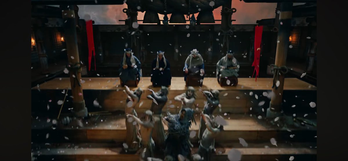 肉体の世界から　チャクラが上がるように精神レベルとの境にいるような女神？様のフロア
仏教でもヒンズー教でも蝶🦋は輪廻転生や魂の不滅、無心に生きる姿の象徴だそう。
それを解き放つ風女神
鼓舞しながら　叩いた桜の花びらが
下界の世界に散っていく様子は上界から下界
の立体さを表現してて見事