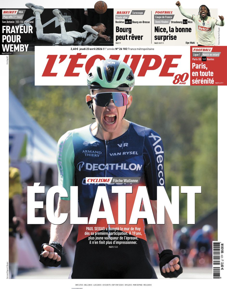 #FlècheWallonne 🏹 / #Médias 📰
La une du journal <a href="/lequipe/">L'Équipe</a> : bien évidemment 🇫🇷 Paul Seixas (DCT) vainqueur de la course belge : "Éclatant".