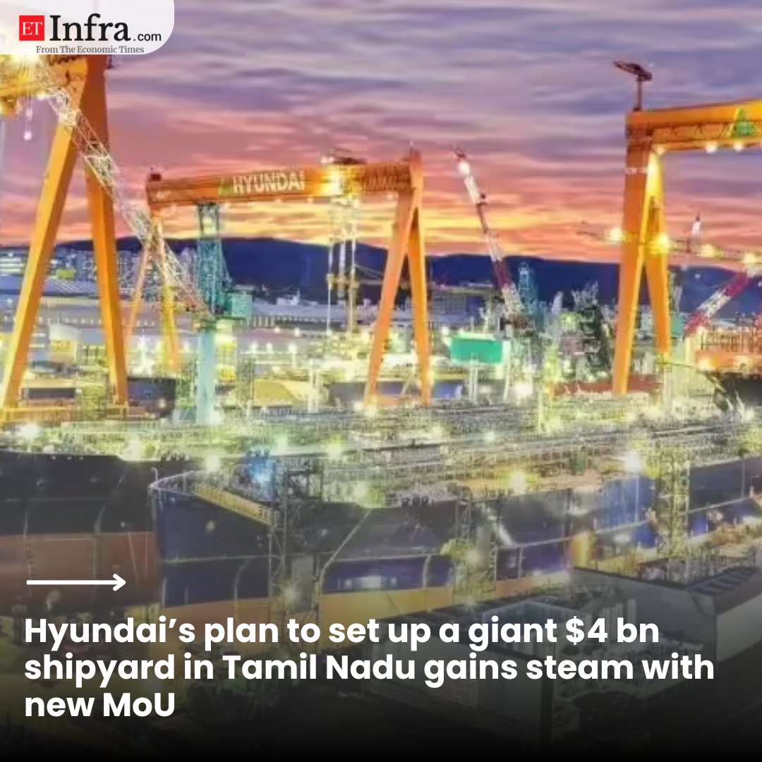 ET_Infra's tweet image. Hyundai’s plan to set up a giant $4 bn shipyard in Tamil Nadu gains steam with new MoU

📖: shorturl.at/hSJAO
✍🏻: P Manoj

#Shipbuilding #India #Maritime #Infrastructure #Manufacturing #GlobalTrade #Logistics #Investment #MakeInIndia #ETInfra