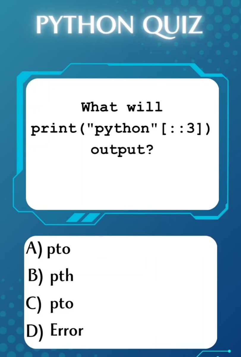 Python_Dv's tweet image. Comment your answer below!

Think you know Python inside out? 🐍 Test your coding skills with these tricky Python output questions! Can you crack this code? Let’s find out!

#quiztime #quiz #challenge #code