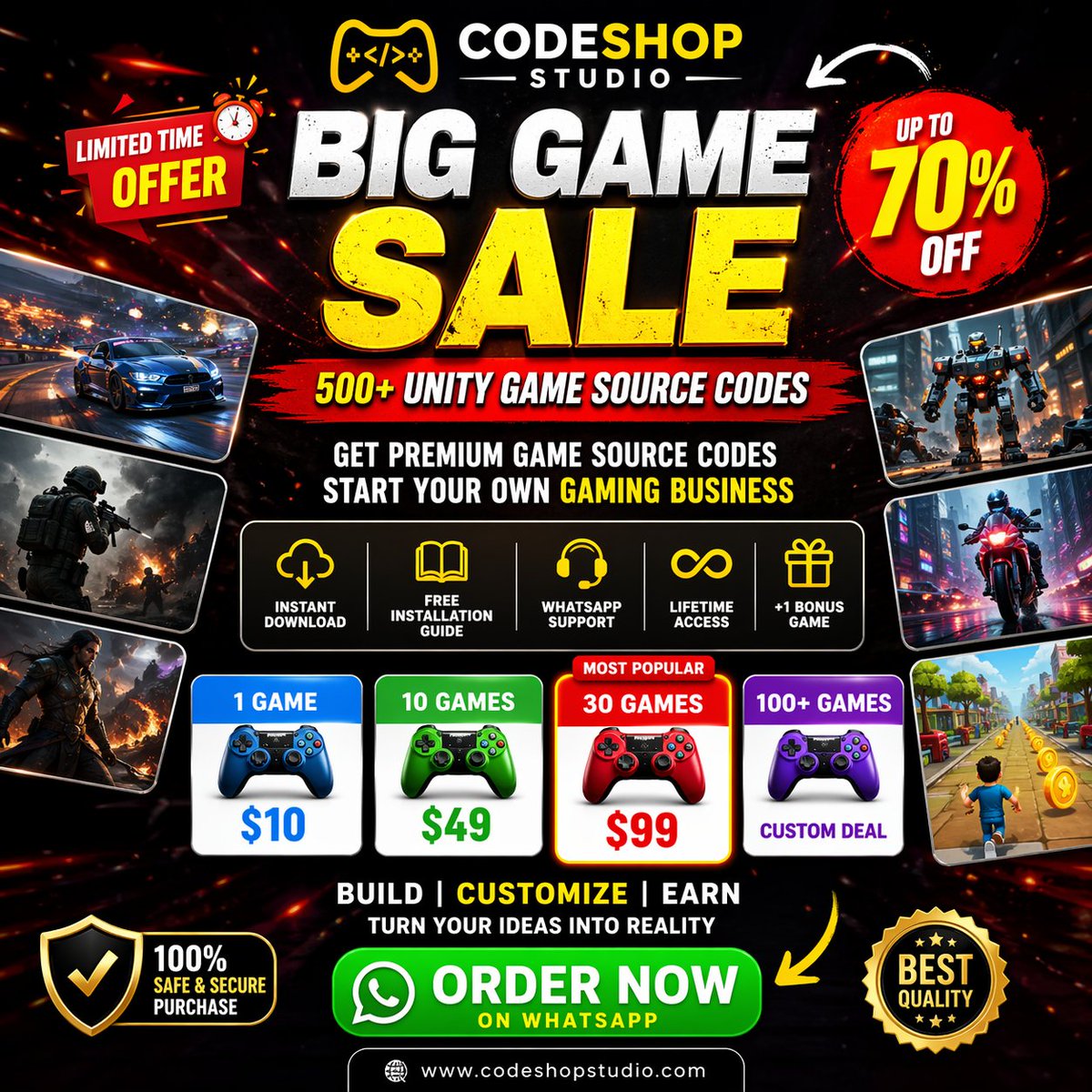 codeshop_studio's tweet image. codeshopstudio.com
“500+ Unity Game Source Codes – Up to 70% OFF”
 Bundle Offers:
 1 Game = $10
 10 Games = $49
 30 Games = $99 ( MOST POPULAR)
 100+ Games = Custom Deal

#gamedevelopment #unitygames #earnmoneyonline #gamedev #businessidea